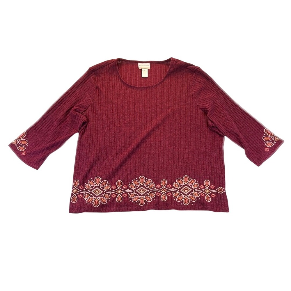 Alfred Dunner Woman 3X Burgundy Ribbed Studded Embroidered 3/4 Sleeve Top Boho